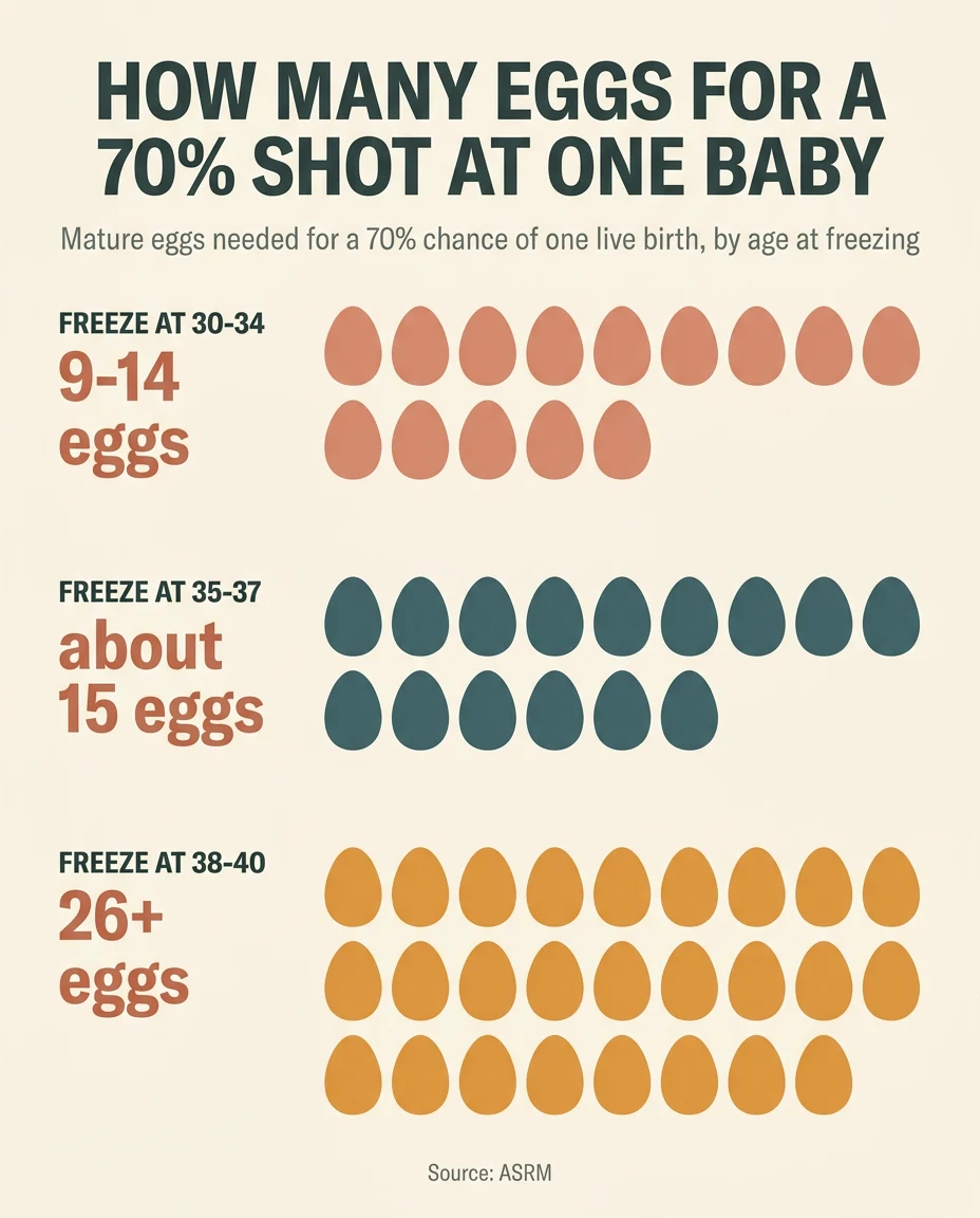 Chart: mature eggs needed for a 70% chance of one live birth. 9 to 14 if frozen at age 30 to 34, about 15 at 35 to 37, and 26 or more at 38 to 40.