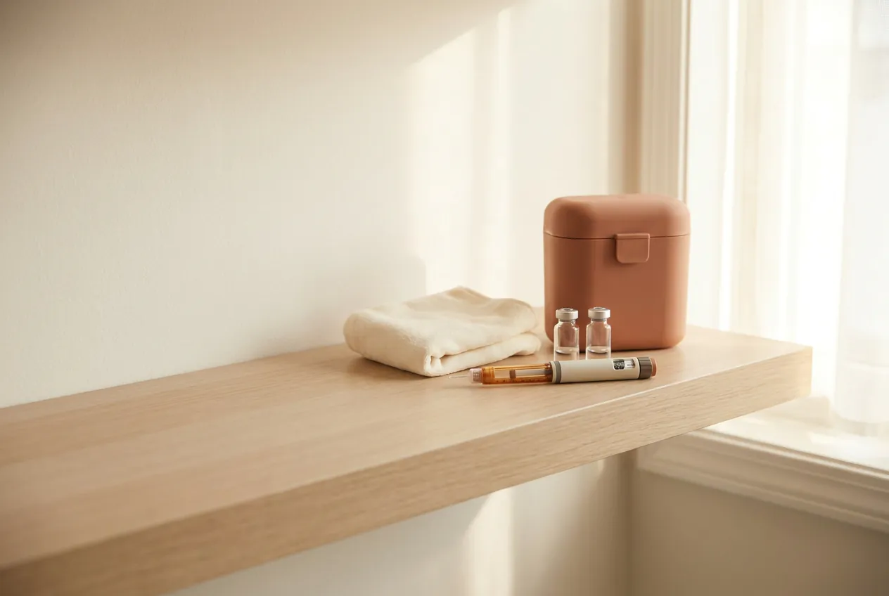 Fertility stimulation medication and an injector pen arranged on a shelf at home.