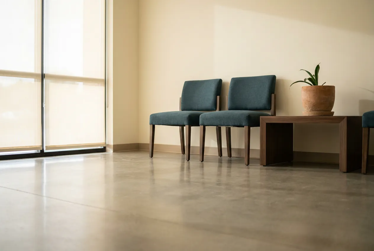 A quiet clinic waiting area with morning light before a monitoring appointment.