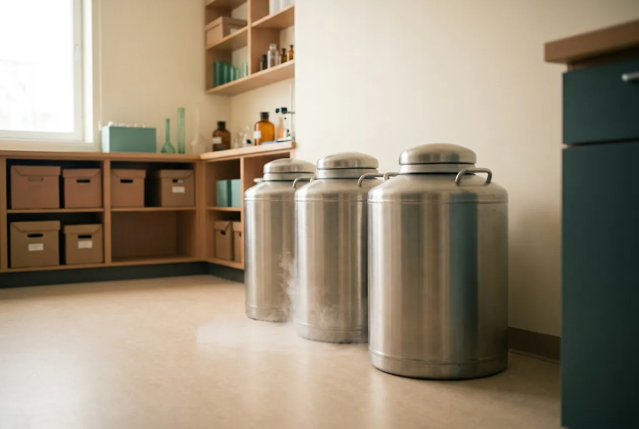 Cryogenic storage dewars standing in a laboratory storage room.