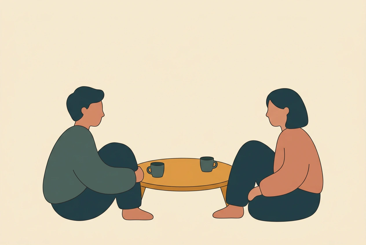Illustration of two people talking over tea.